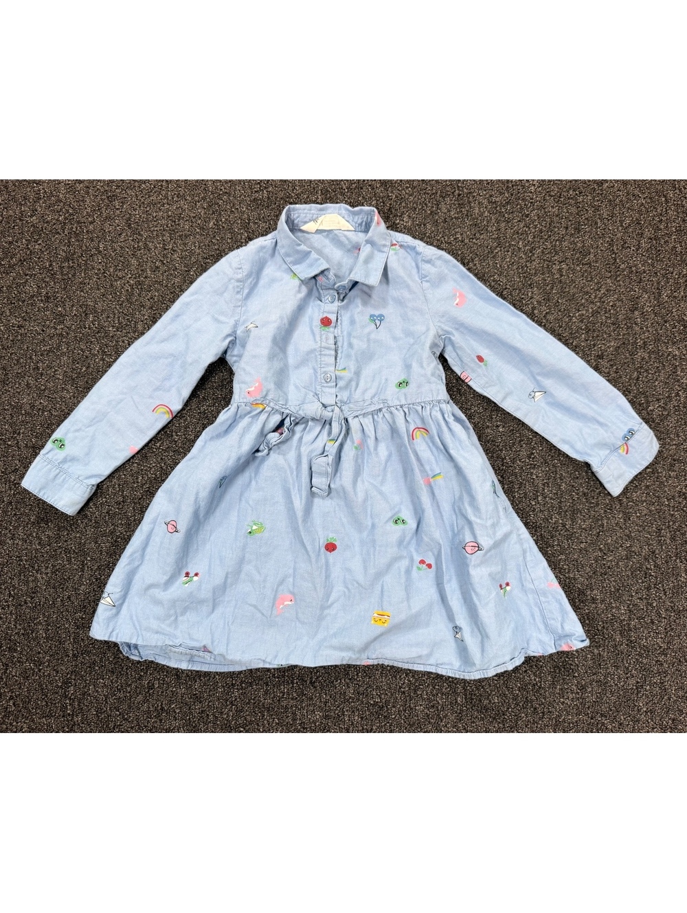 H&M Light Blue Long Sleeve Shirt Dress with Cute Prints for Girls 3-4Y